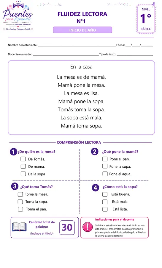 Kit de Evaluación de Fluidez y Comprensión Lectora 1° Básico