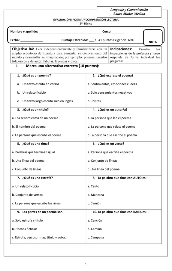 Evaluación Lenguaje El poema