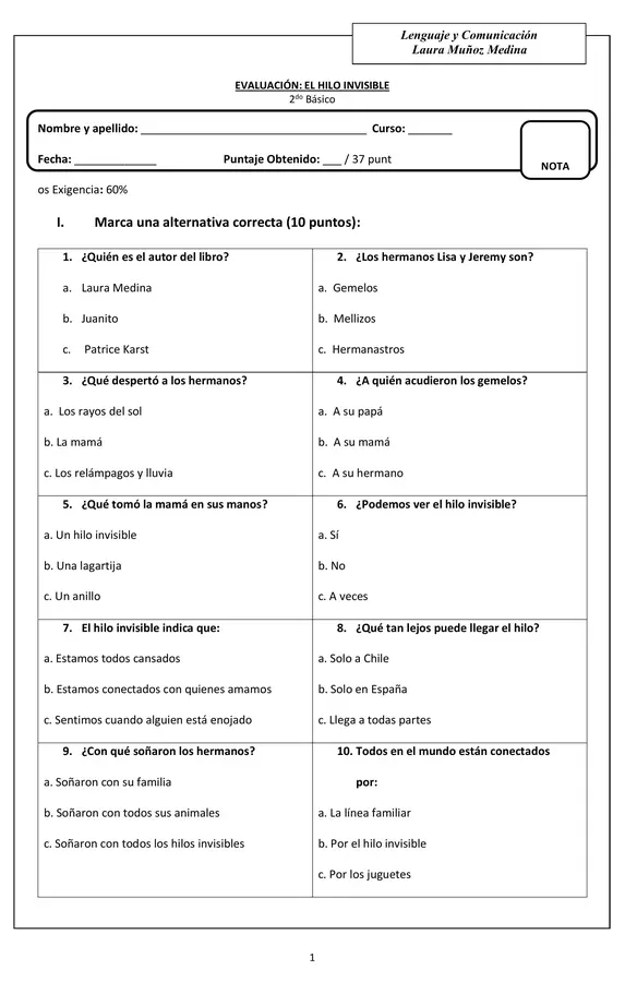 Evaluación El hilo invisible