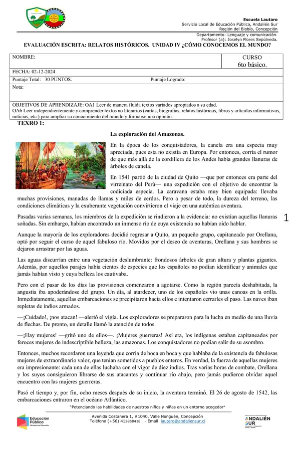 EVALUACIÓN ESCRITA: RELATOS HISTÓRICOS.  UNIDAD IV ¿CÓMO CONOCEMOS EL MUNDO?