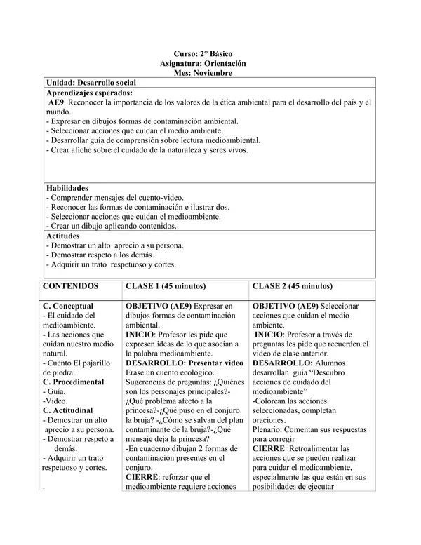 Planificación Clase a Clase: Noviembre | Orientación Segundo Básico