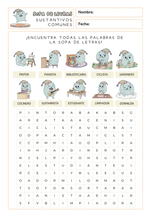 Sopa de letras de sustantivos comunes