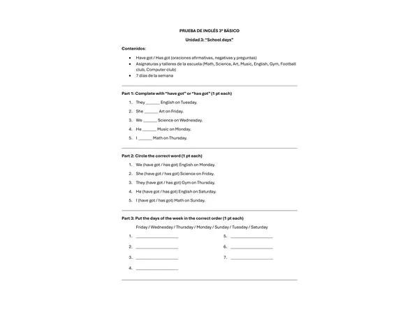 EVALUACIÓN INGLÉS 3° BÁSICO "SCHOOL DAYS"