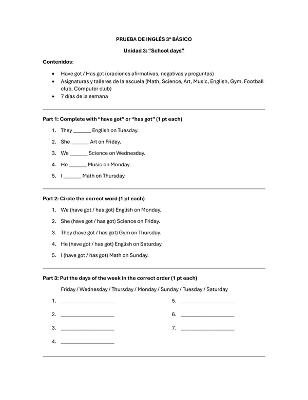 EVALUACIÓN INGLÉS 3° BÁSICO "SCHOOL DAYS"