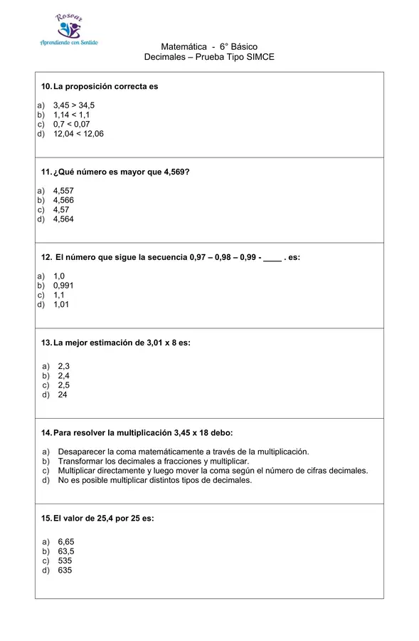 Decimales 6° Básico, Prueba tipo SIMCE, con hoja de respuesta y pauta de corrección