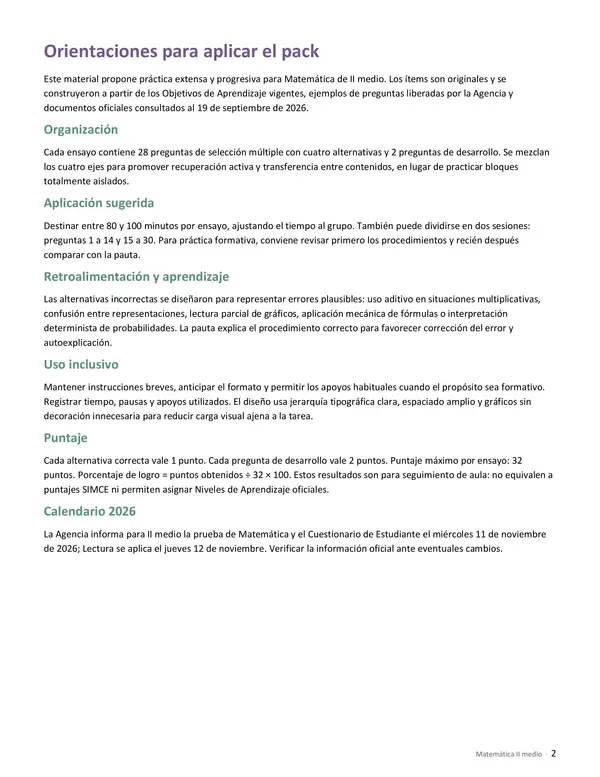 Pack 10 Ensayos SIMCE Matemática II Medio | 300 preguntas + pautas ✦ Editable
