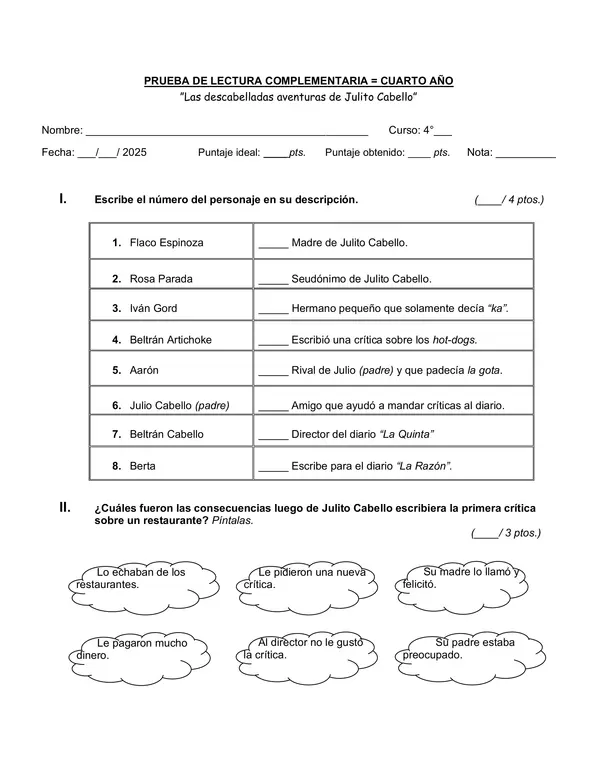 Prueba de lectura complementaria "Las descabelladas aventuras de Julito Cabello"