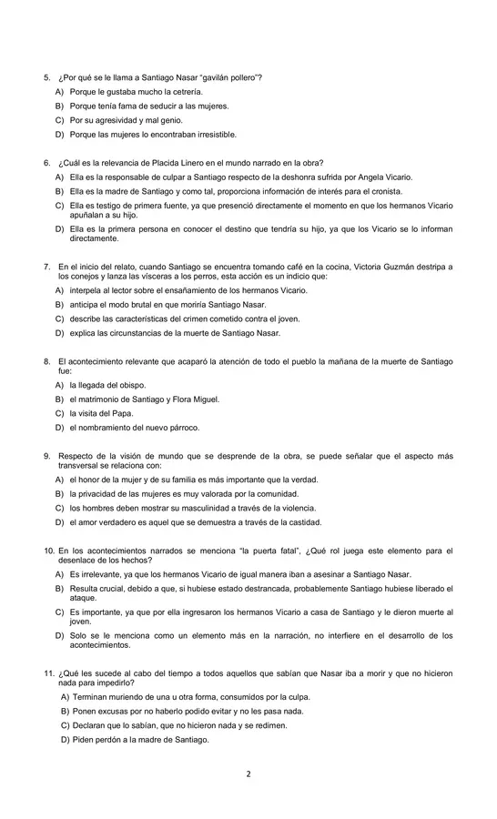 Evaluación - Control lector: Crónicas de una muerte anunciada 