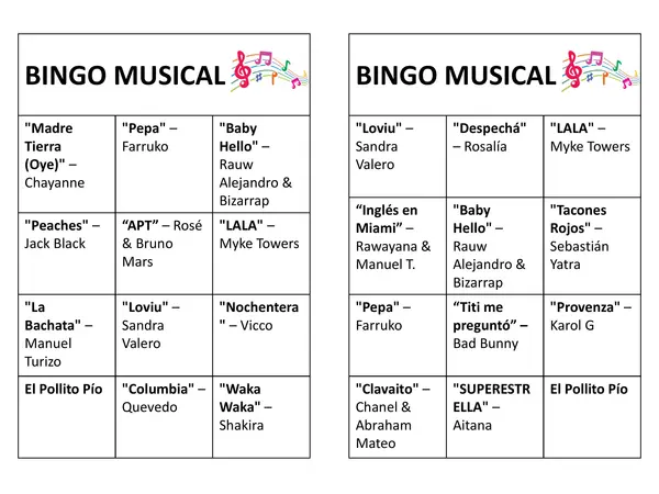 Bingo musical para jóvenes y adultos