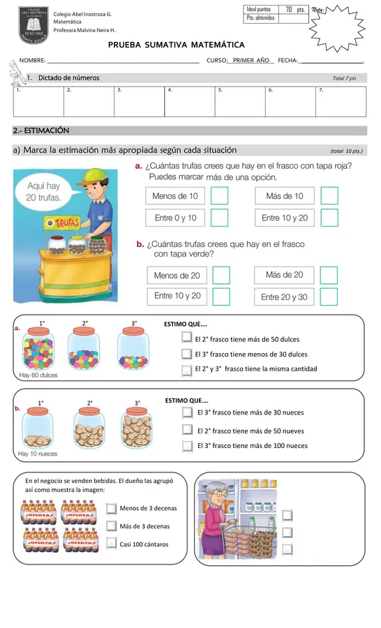 Prueba Matemática Estimación y numeración