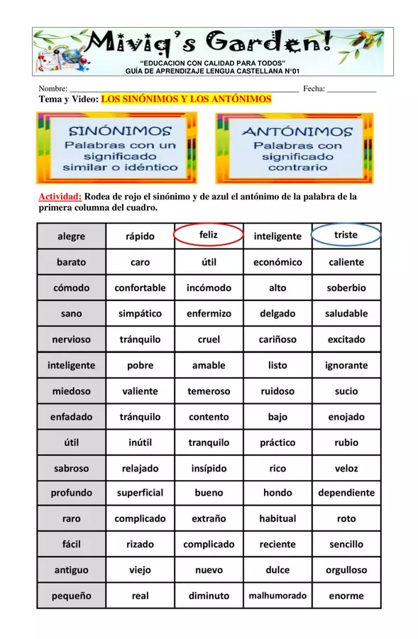 Sinónimos y Antónimos (3° -4°-5°)