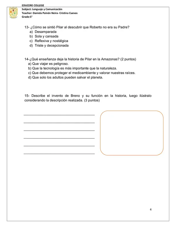 Diario de Pilar en Amazonas prueba 5to básico 