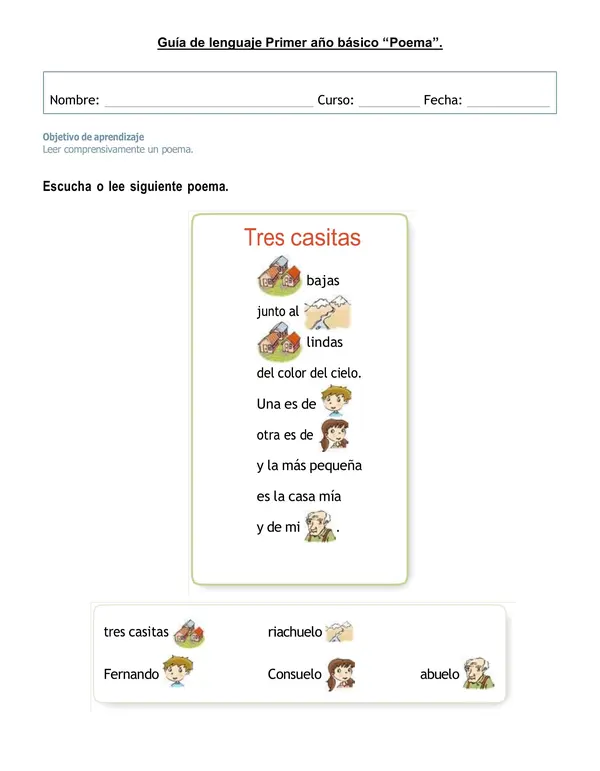 Guía de comprensión "Poema" 1°año básico.