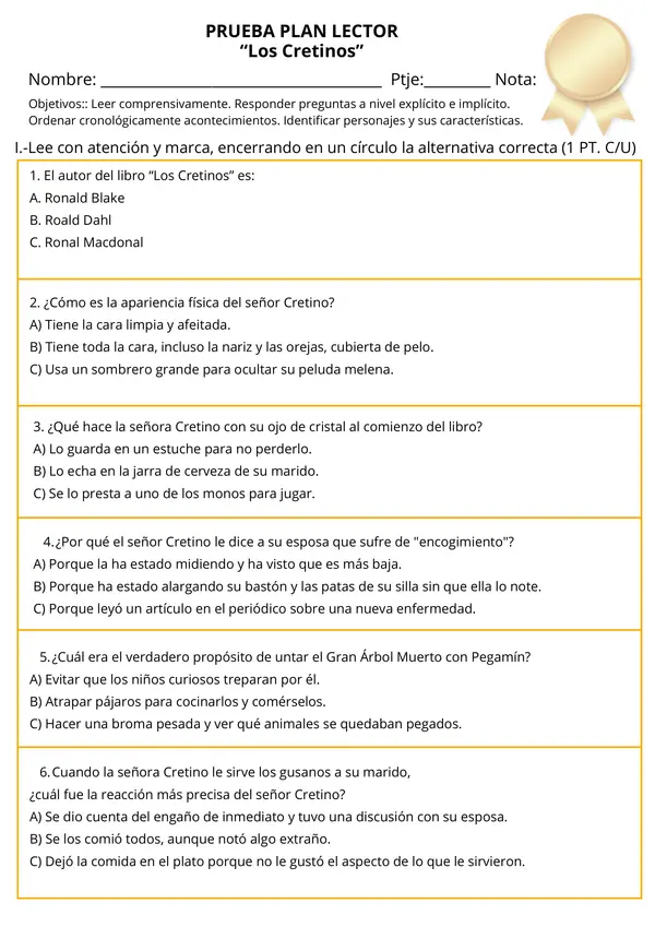 Prueba "Los cretinos" de Roald Dahl 