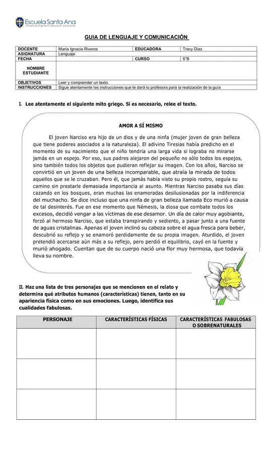 Guía de comprensión El mito de Narciso