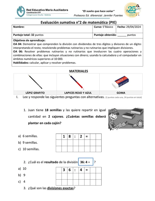 evaluación PIE matemática DIVISIÓN Y PAMUDAS