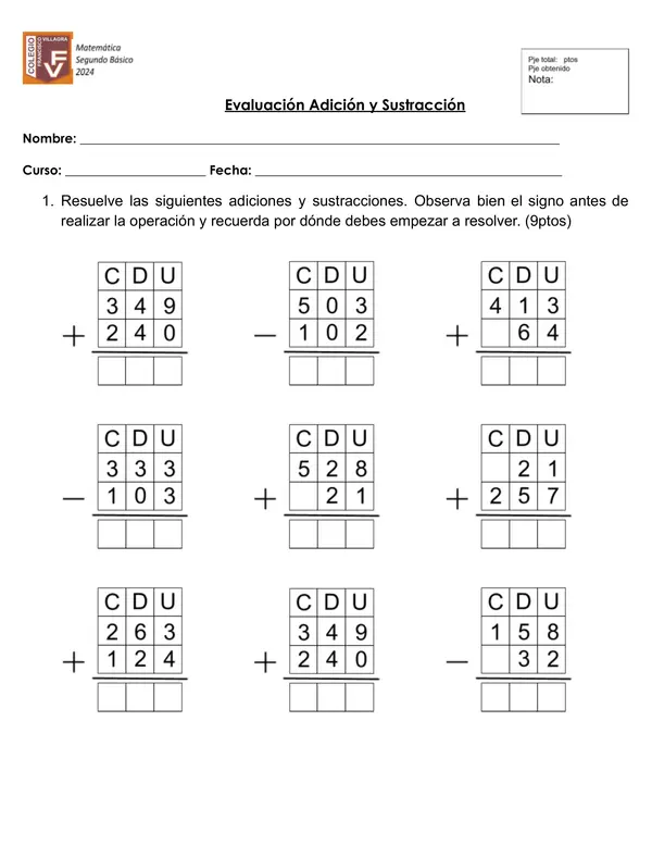 Evaluación sumas y restas