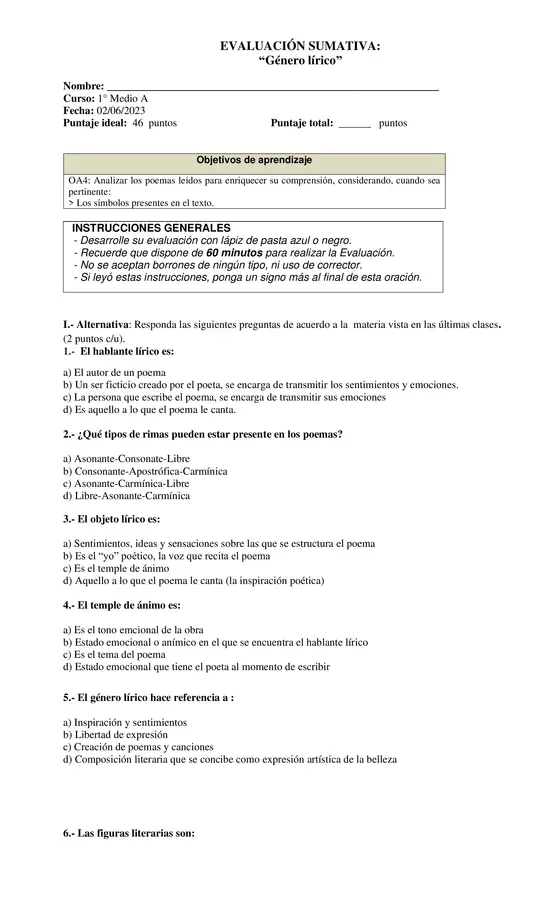 Prueba genero lírico 1° Medio