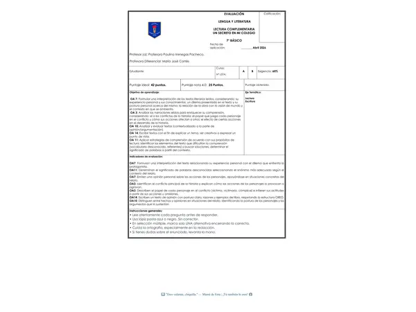 EVALUACIÓN LIBRO UN SECRETO EN MI COLEGIO 7MO LENGUA Y LITERATURA