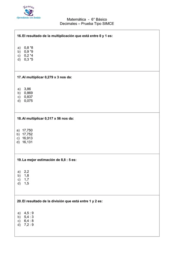 Decimales 6° Básico, Prueba tipo SIMCE, con hoja de respuesta y pauta de corrección
