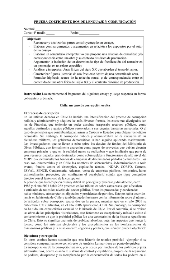 Evaluación Lenguaje y Literatura - 4° Medio - Unidad 2
