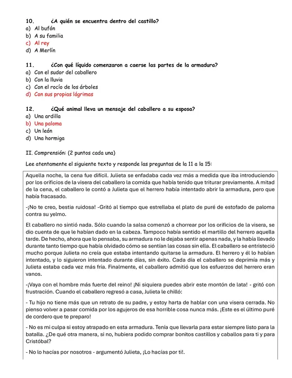 Evaluación de la lectura de "El caballero de la armadura oxidada"