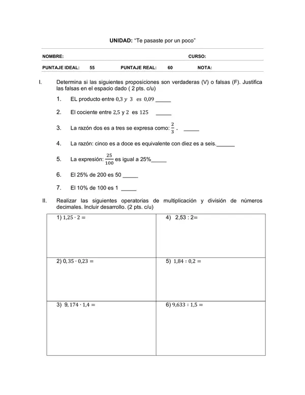 Evaluacion de Matematica 6 Basico: razones y proporciones