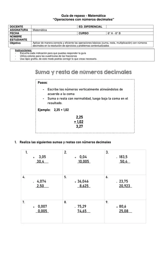 Guía números decimales