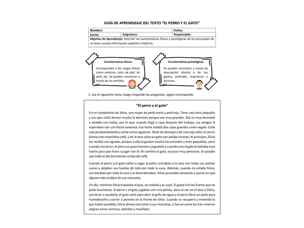 Guía de aprendizaje sobre características físicas y psicológicas de personajes 2° Básico