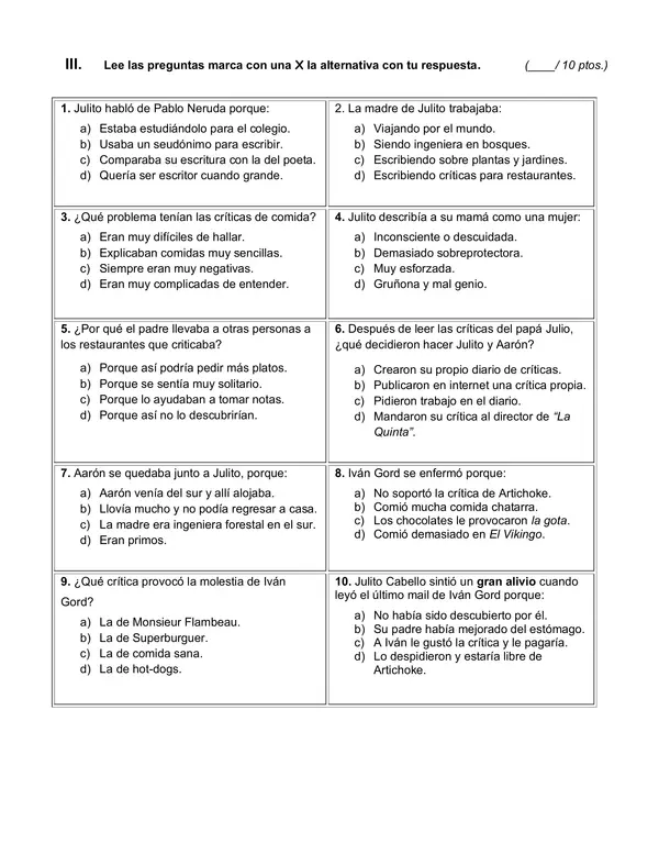 Prueba de lectura complementaria "Las descabelladas aventuras de Julito Cabello"