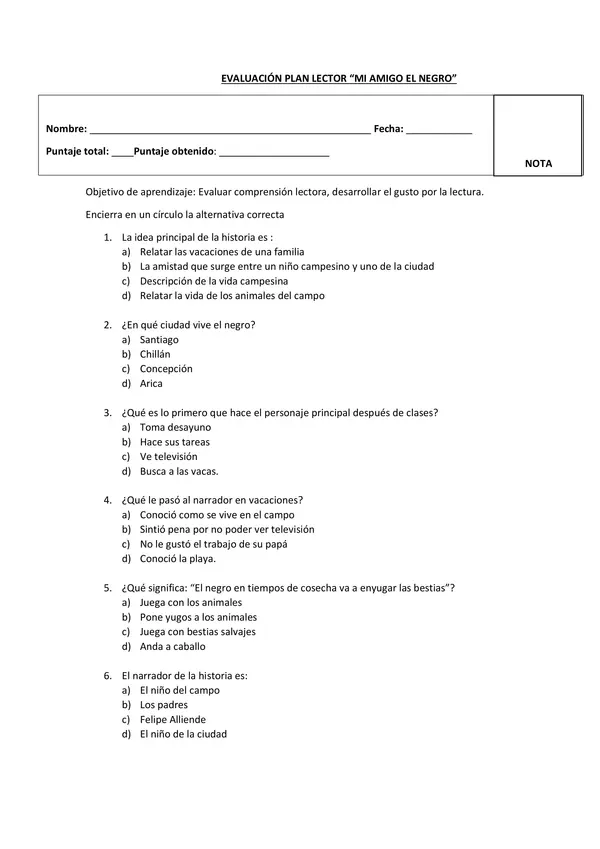 Evaluación plan lector "mi amigo el negro"