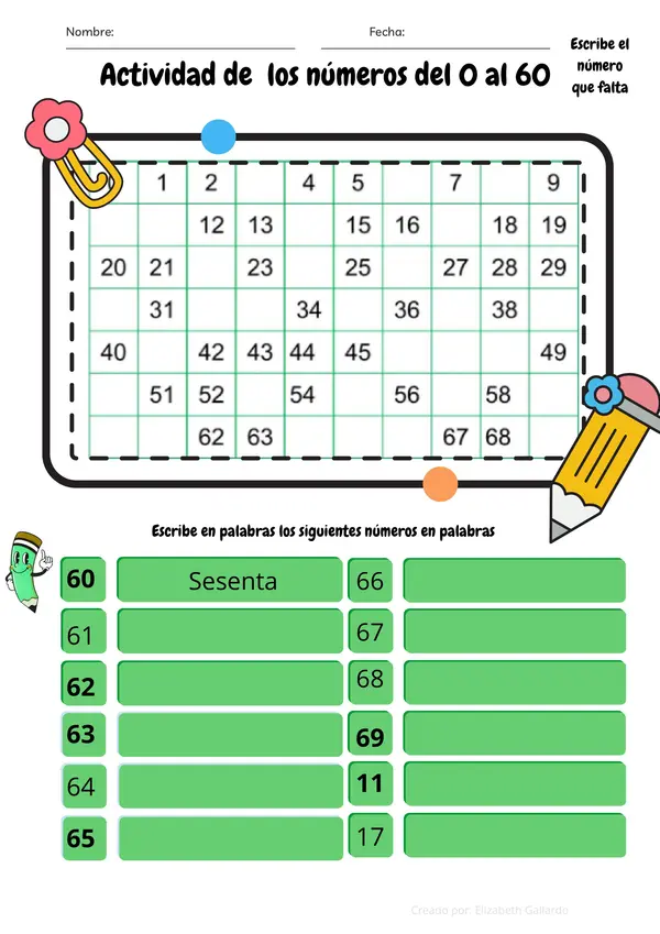 Actividad de los números del 0 al 69 