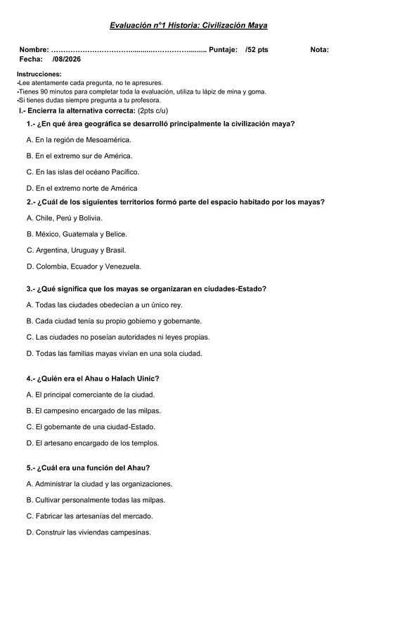 evaluación civilización Maya