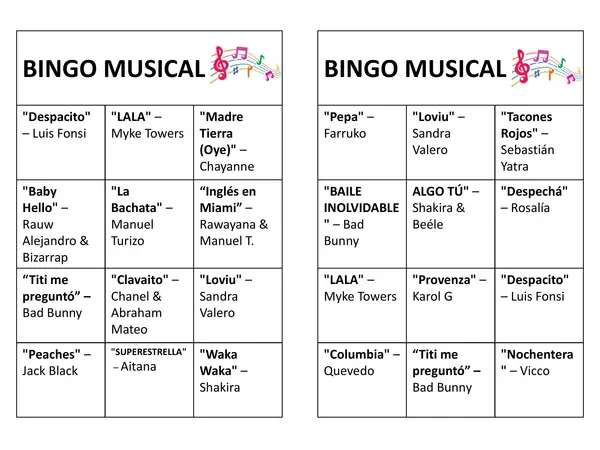Bingo musical para jóvenes y adultos