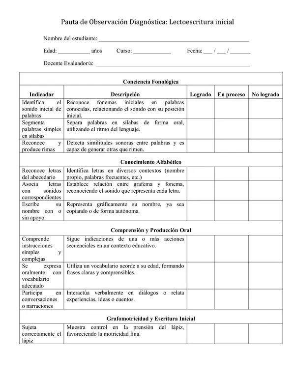 Pauta de observación Lectoescritura