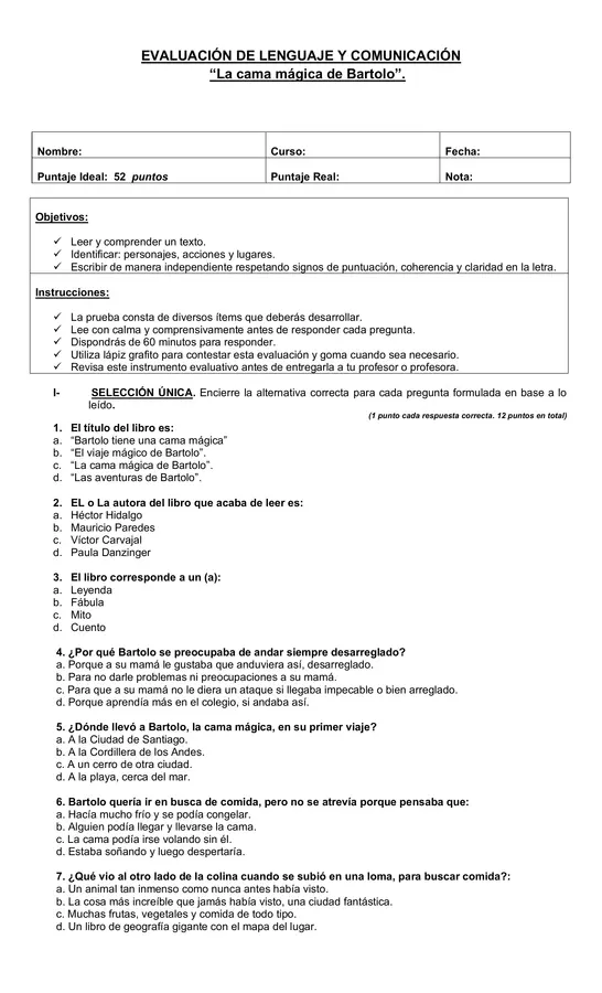Evaluación   “La cama mágica de Bartolo”.
