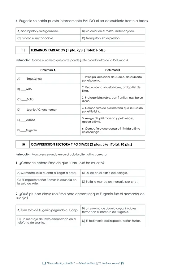 EVALUACIÓN LIBRO UN SECRETO EN MI COLEGIO 7MO LENGUA Y LITERATURA