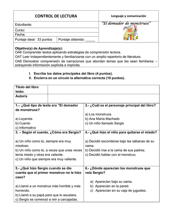 Control de lectura "El domador de monstruos"