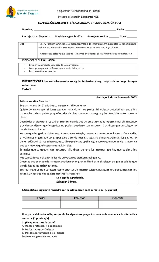 EVALUACIÓN SOLEMNE 5° BÁSICO LENGUAJE Y COMUNICACIÓN (A.C)
