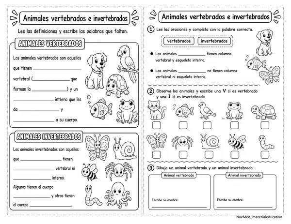 Animales vertebrados e invertebrados 2° básico
