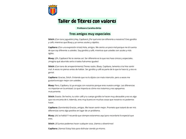 Taller de Títeres con valores. Tema: La discriminación. 