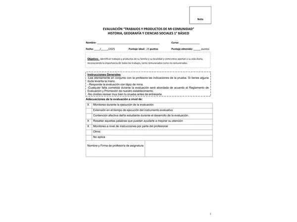Evaluación oficios, trabajos y productos