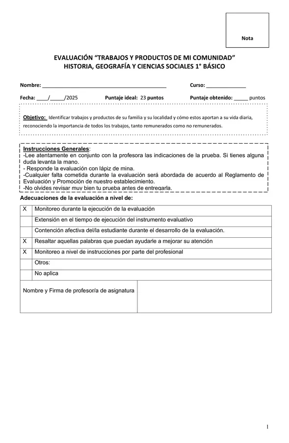 Evaluación oficios, trabajos y productos