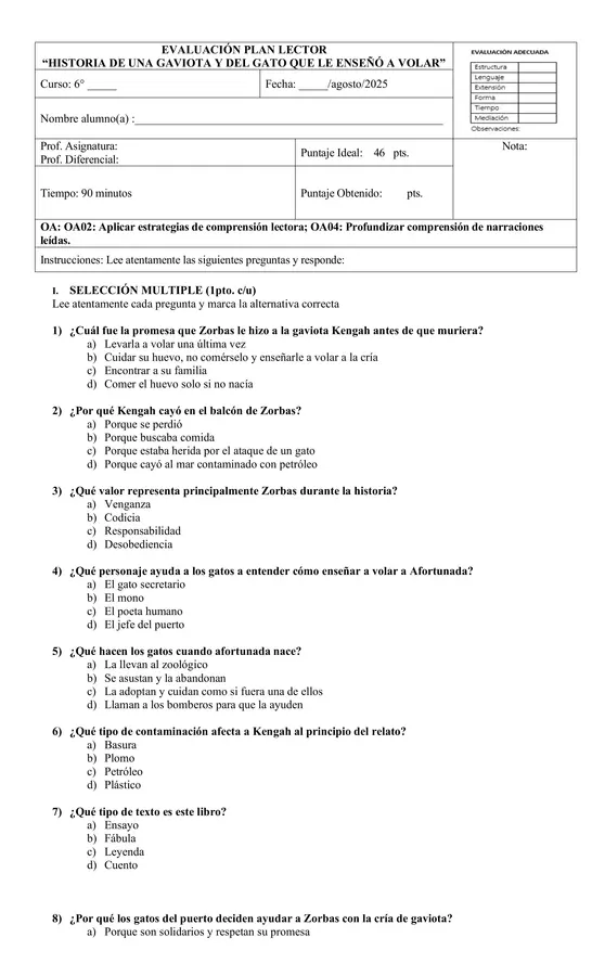 Evaluación libro "historia de una gaviota y del gato que le enseñó a volar"