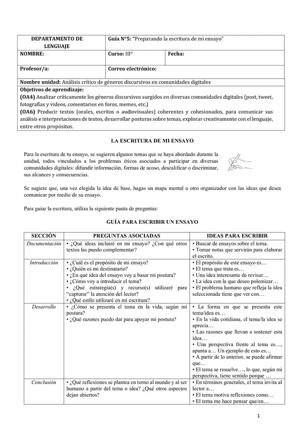 GUÍA N°5. UNIDAD N°3. LENGUA Y LITERATURA. TERCERO MEDIO 