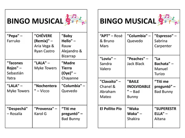 Bingo musical para jóvenes y adultos