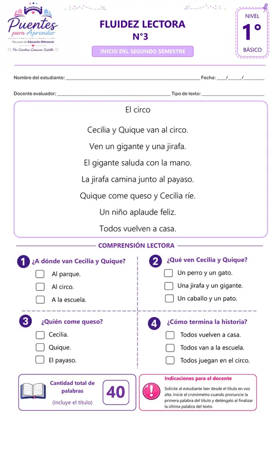 Kit de Evaluación de Fluidez y Comprensión Lectora 1° Básico