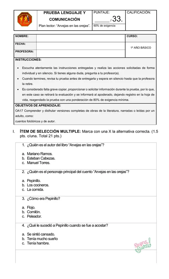 Prueba del libro Arvejas en las orejas. 