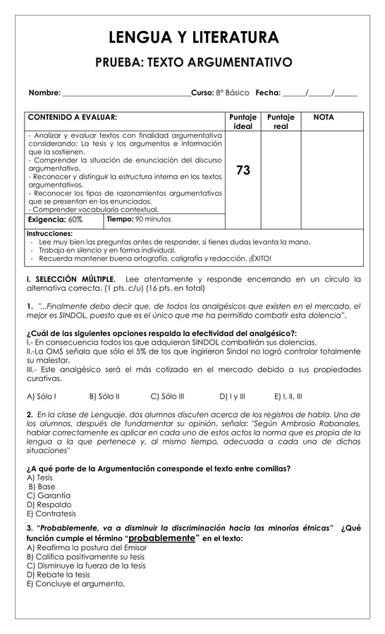 Prueba o guía evaluada - 8° básico - Texto argumentativo (Lengua y literatura)