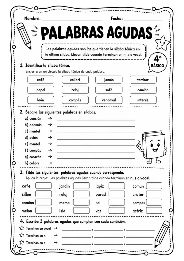 Fichas educativas de palabras agudas - graves y esdrújulas